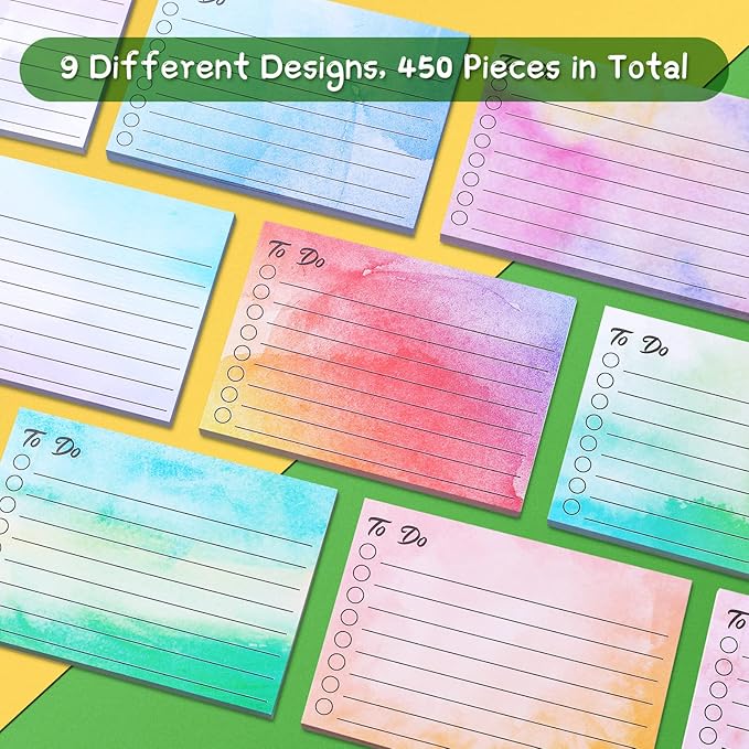 Pajean 9 Pcs/450 Sheet to Do List Sticky Note 3x4 Inch Self Stick Pads with Line Colored Planner Sticky Note Adhesive Memo for Office, Meeting, School, Study, Home Reminder (Watercolor)