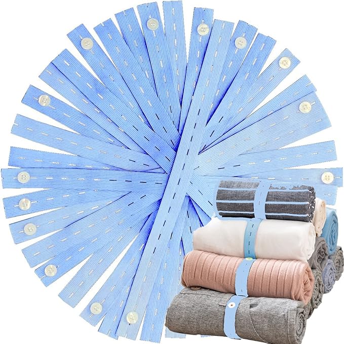 Bed Sheet Organizer Bands 20Pcs Elastic Band with Buttonholes, Stretchable Connectable, Roll-up Adjustable Clothing Storage Strap with Button, Luggage Space Saver, Drawer & Closet Organizer, Blue