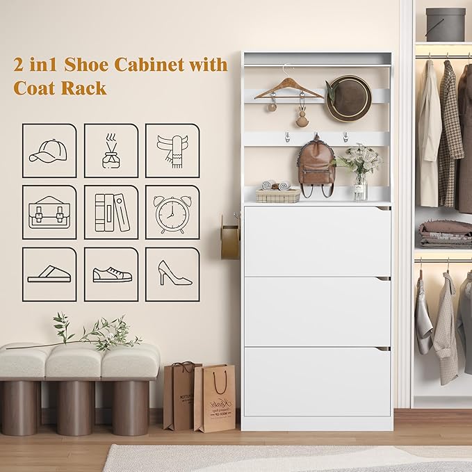 Tall Shoe Cabinet with Coat Rack, Hidden Shoe Storage Cabinet with Doors & Drawer, Hanging Bar & Hooks, Slim Narrow Freestanding Shoe Rack Organizer for Entryway, Hallway & Living Room, White