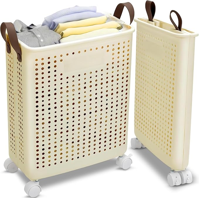 55L Collapsible Laundry Basket with Wheels - Foldable Slim Laundry Hamper for Dorm, Apartments - Portable Clothes Organizer Carts with Wheels, Handles - Collapsible Storage Bins for Clothes, Toys