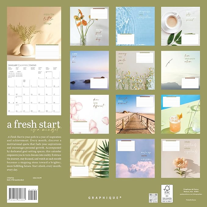 Graphique 2026 A Fresh Start Wall Calendar | 12” x 12” | Thick Paper | Home & Office Organizer | Large Monthly Grid | 3 Languages & Marked Holidays | 4 Month Preview Page for 2027