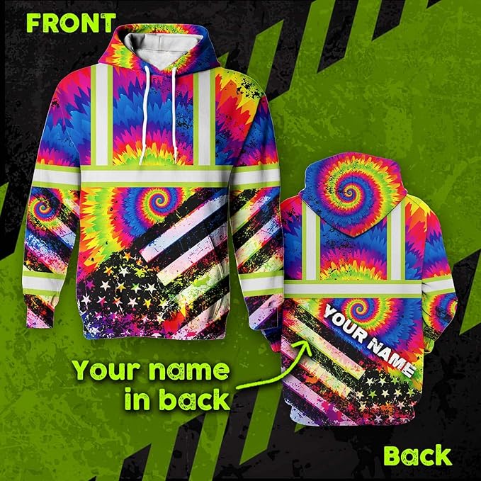 US Flag High Visibility Hoodie for Men Reflective Hoodie Safety Workwear for Worker Runner Patriotic ACC02