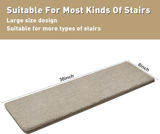 PURE ERA Carpet Stair Treads Ultra Plush 8 x 30 inch Soft Indoor Stair Protectors Pet-Friendly Non-Slip Skid Resistant Tape Free Washable Reusable(7 Pieces,Cream Gray)