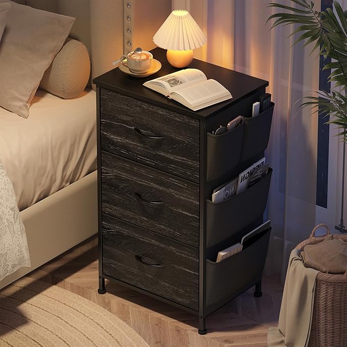 Night Stand Set 2, Night Stand with Drawers for Bedroom, Bedside Table with Wooden Top, Sturdy Steel Frame End Table, Dorm Nightstand for Bedroom, Entryway, Hallway, Closet, Cloth Bags, Hooks, Black