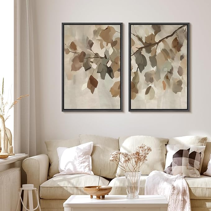 MUDECOR Framed Canvas Print Wall Art Set Abstract Leaf Branch Minimalist Nature-Inspired Beige and Brown Calm/Zen for Living Room, Bedroom, Office - 16"x24"x2 Black