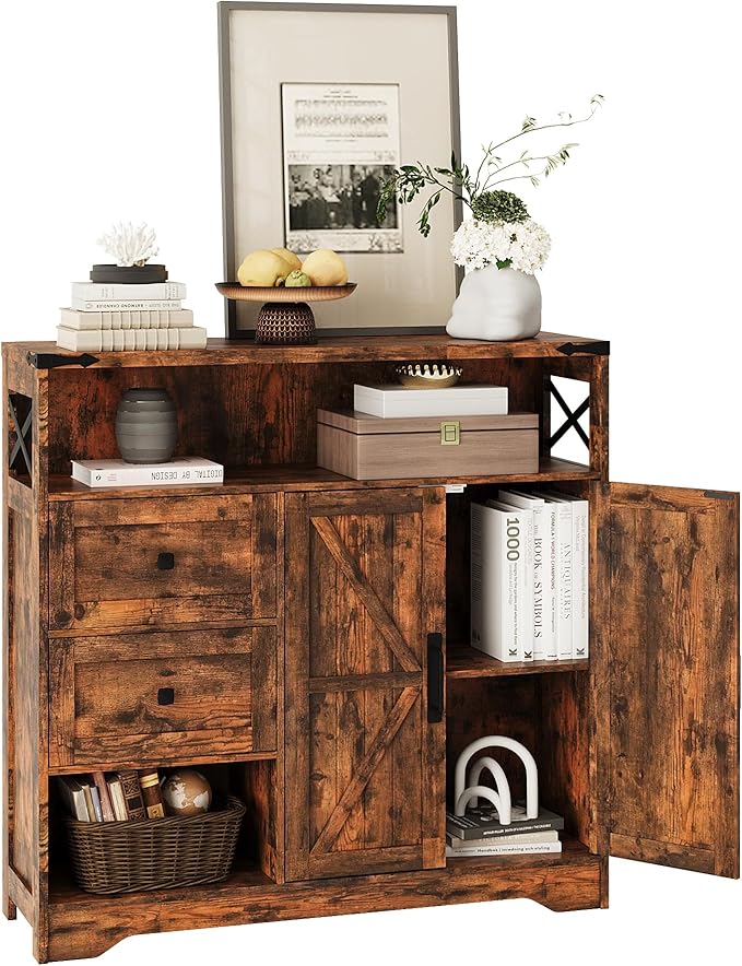 Fameill Farmhouse Storage Cabinet with Drawers and Open Storage,Freestanding Kitchen Pantry with 2 Barn Doors, Floor Cabinet with Adjustable Shelf for Living Room,Brown