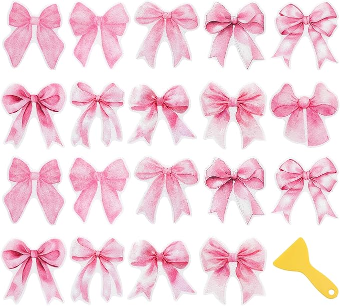 Marspark 30 Pcs Pink Bow Non Slip Bathtub Stickers Cute Bow Anti Slip Shower Stickers with Scraper Pink Bathroom Accessories Coquettish Preppy Girly Women Decor for Bathroom Bathtub