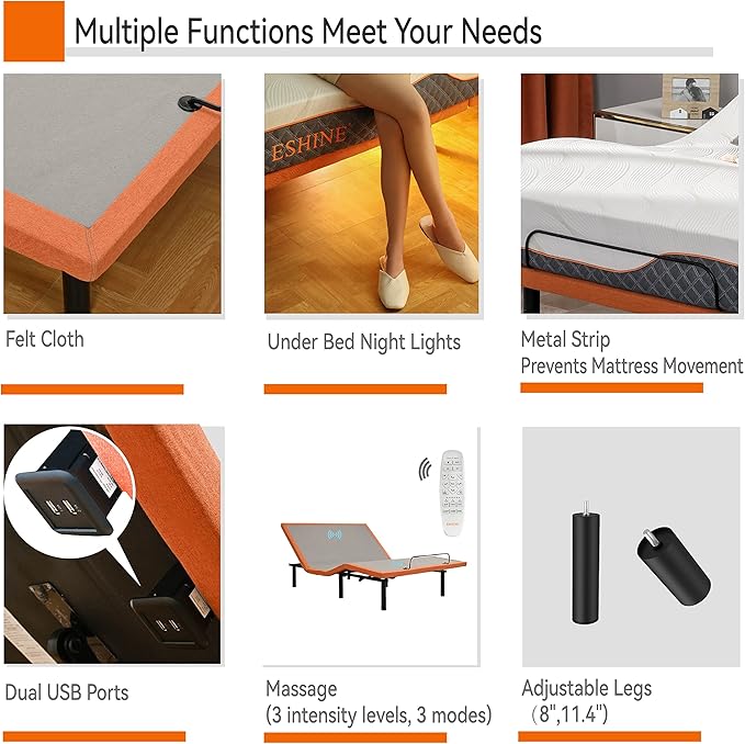 ESHINE Adjustable Bed Frame - Electric Bed Base with Massage, Wireless Remote, Ergonomic Foot&Head Incline, Zero Gravity, Dual USB Ports, Under Bed Light, Twin XL, 3000 Series