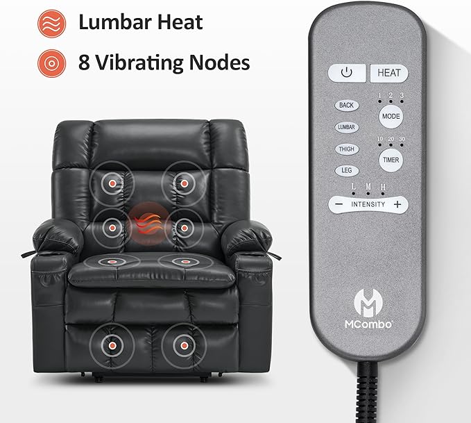 MCombo Dual Motor Power Lift Recliner Chair for Elderly, Lay Flat Lift Chair with Heat and Massage, Petite Wide Lift Chair, Cup Holders, USB A&C Ports, Faux Leather R7894 (Black, Small-Wide)