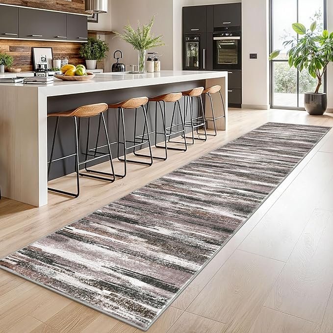 Modern Abstract Runner Rug 2.6x14, Dark Light Brown White Washable Long Kitchen Runner Non-Slip Soft Hallway Rug Runner Thin Print Faux Wool Carpet for Entryway Bedroom Laundry Room Indoor