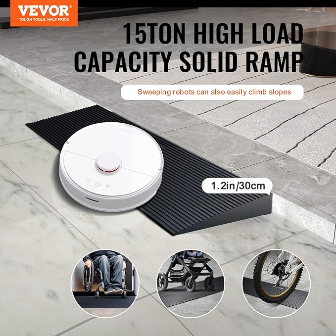 VEVOR 1.2" Rise Cuttable Threshold Ramp for Doorways, 35.4" Wide Natural Rubber Wheelchair Ramp, Non-Slip Solid Rubber Ramp with Double-Sided Tape for Doorways, Driveways, Bathroom, Smooth Tile