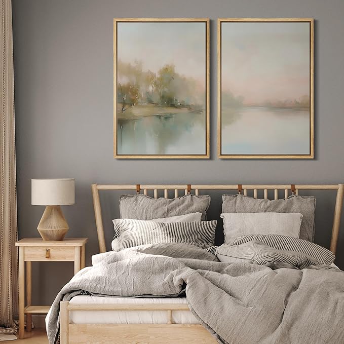 MUDECOR Framed Canvas Print Wall Art Tranquil Reflection Serene River Landscape Illustrations Modern Art Decorative Bohemian Chic for Living Room, Bedroom, Office - 24"x36"x2 Natural