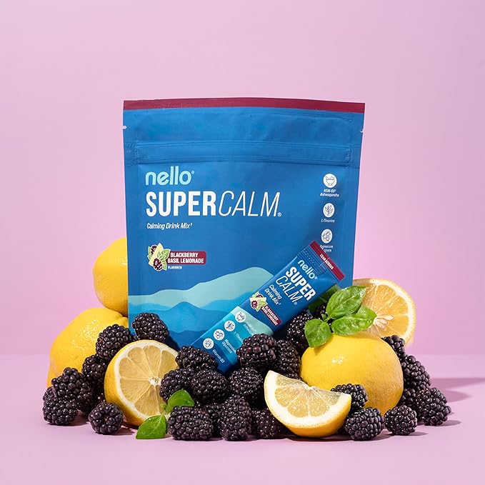 Nello Supercalm Powdered Drink Mix, Cortisol Reducer*, Sleep Aid Supplement, L Theanine, Ksm-66 Ashwagandha, Magnesium Glycinate, Vitamin D 3, No Sugar, Non GMO, 20 Ct, BlackBerry Basil Lemonade