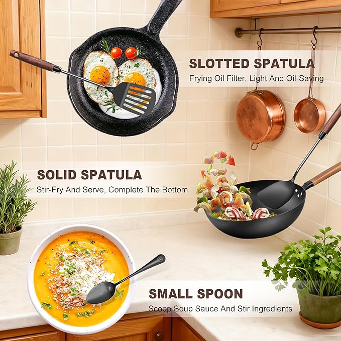 3-Piece Pure Titanium Kitchen Utensil Set - Metal Spatula, Slotted Spatula & Bonus Spoon, Food Grade Pancake Cooking Tools, Dishwasher Safe