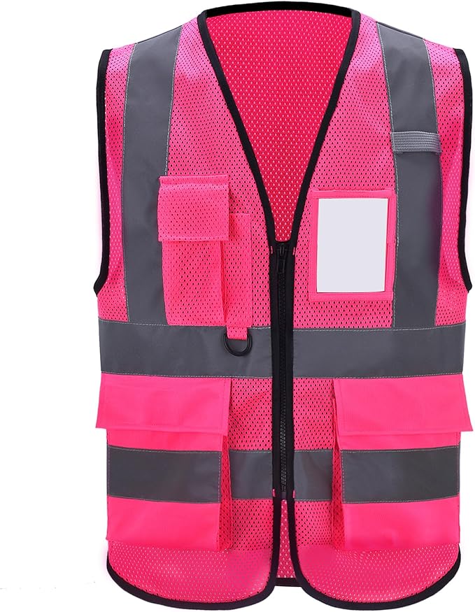 High Vis Safety Vest Reflective Strips, Multi-Pocket Design, Available in Yellow,Orange,black,Pink,blue,Red,purple