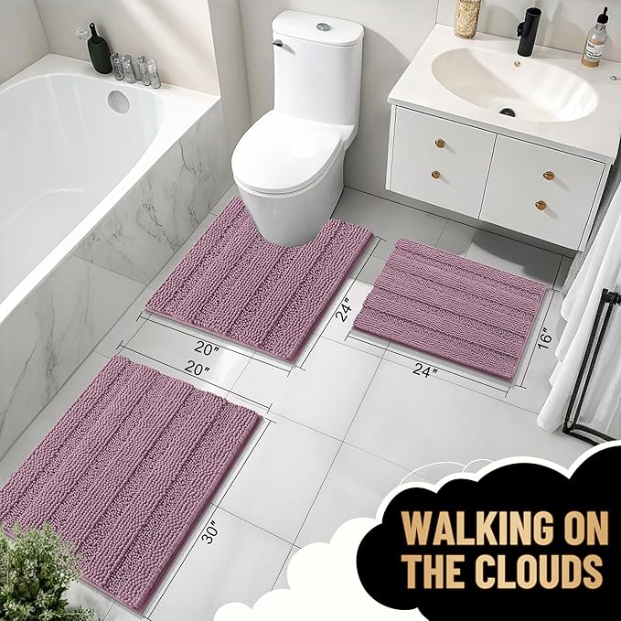 OLANLY Thick Bathroom Rugs 24x16, Extra Soft Absorbent Chenille Striped Bath Rugs, Rubber Backing, Machine Wash Dry, Bath Mats for Bathroom Floor, Tub and Shower, Home Decor Accessories, Deep Plum