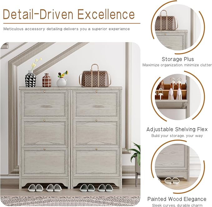 Chogori 3-Tier Shoe Cabinet – Solid Wood Entryway Shoe Storage Organizer with Flip-Up Doors, Adjustable Shelves – Narrow Freestanding Shoe Cabinets for Hallway – Space-Saving Design (1, Charcoal Gray)