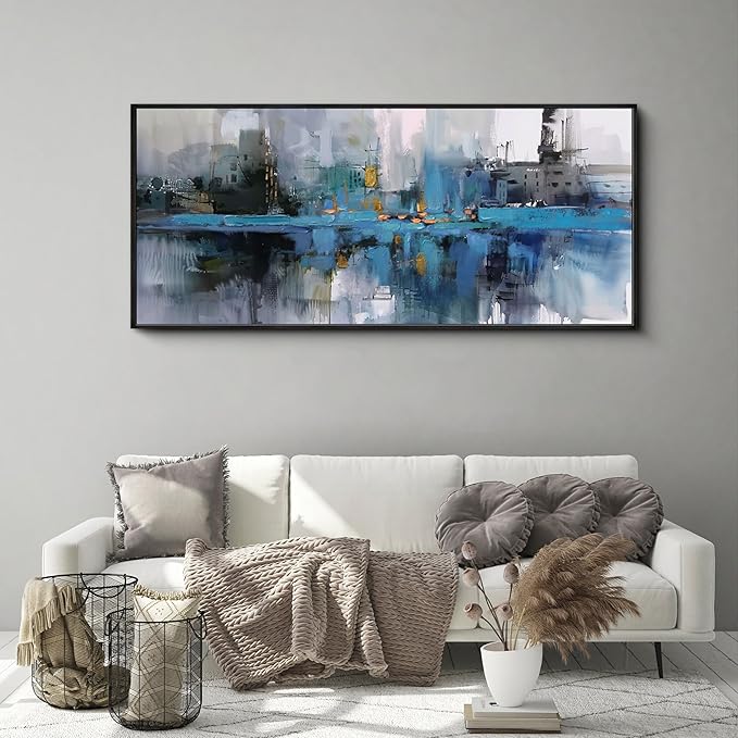 yiijeah Extra Large Canvas Frame Wall Art - Abstract Picture Large Decor for Living Room Blue and White Paintings Big Artwork for Wall Oversized Office Bedroom Home Decor