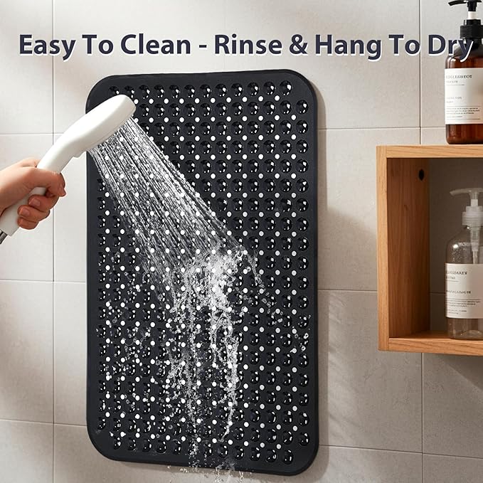 Large Shower Mat 21.5x33.5 Inch Black, Soft Non Slip Shower Mats for Inside Shower with Big Suction Cups Drain Holes, Extra Large Bath Bathtub Mat Floor Stall Mats, BPA-Free, Easy Clean