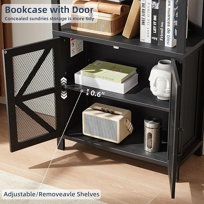 5 Tier Bookshelf 70" Tall Bookcase with Barn Doors,Large Farmhouse Display Book Shelf with Adjustable Shelves and Storage Cabinet， Wood Bookshelves for Living Room,Kitchen,Antique Black(2PCS)