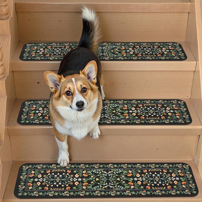 OJIA Floral Stair Treads Non-Slip Stair Runner for Wooden Steps Indoor 15PCS 30"x8" Carpet Stair Treads Stair Mats Staircase Step Treads for Kids, Elders and Dogs, Stair Covers, Black