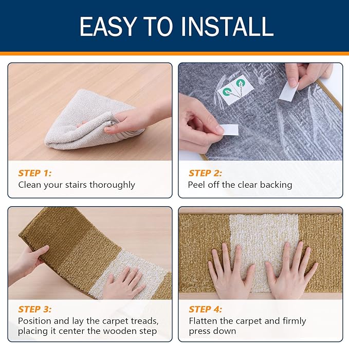 OLANLY Stair Treads Non Slip 15PCS, 8" x 30" Indoor Stair Runners for Wooden Steps, Edging Stair Rugs with Reusable Peel and Stick Adhesive for Kids Elders and Pets, Camel