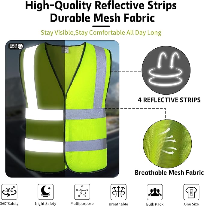 NOBONDO High Visibility Reflective Safety Vests 10 Pack - 360 Enhanced Visibility with Hi Vis Reflective Strips - Yellow Breathable Mesh, Bulk Pack for Construction, Traffic, Running, Security