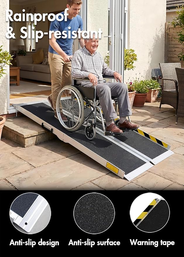 Protable Wheelchair ramp 5FT,Non-Slip Folding Aluminum Handicap Ramps,Threshold Ramps for Home,Holds up to 600lbs,Wheelchair ramp for Steps,Stairs,Doorways (5FT Useing Height 5-15inch)