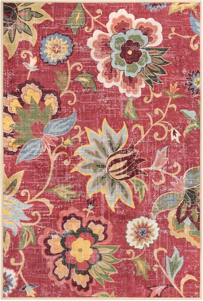 Beeiva Red Kitchen Rugs Non Slip Washable, 2x3 Floral Christmas Kitchen Entry Rug for Entryway Indoor Ultra Thin Small, Vintage Non-Shedding Front Door Mat Indoor Entrance Throw Carpet for Bathroom