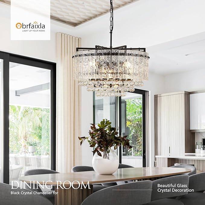 22.2" 10-Light Modern Glass Chandelier Light Fixtures Black 3-Tier Crystal Beads Chandeliers for Dining Room Round Hanging Ceiling Pendant Lighting for Kitchen Island Entryway Foyer Hallway