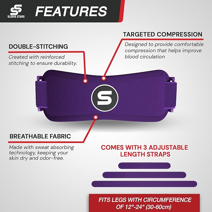 Sleeve Stars Swedish Brand Patellar Tendon Support Strap for Women & Men Effective Osgood Schlatter Knee Brace Youth & Kids Knee Brace with 3 Adjustable Length fits 12"-24" (Single/Dark Purple/Adult)