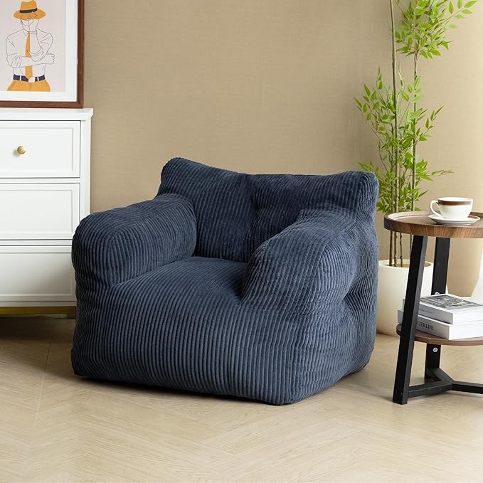32" Bean Bag Chair,Loveseat Sofa,Corduroy Lazy Sofa Bed for Adults,Fit Living Room, Bedroom,Outdoor Spaces,Ultra Soft Dutch Velvet,Fluffy Comfort Washable Cover,72h Rebound,Blue