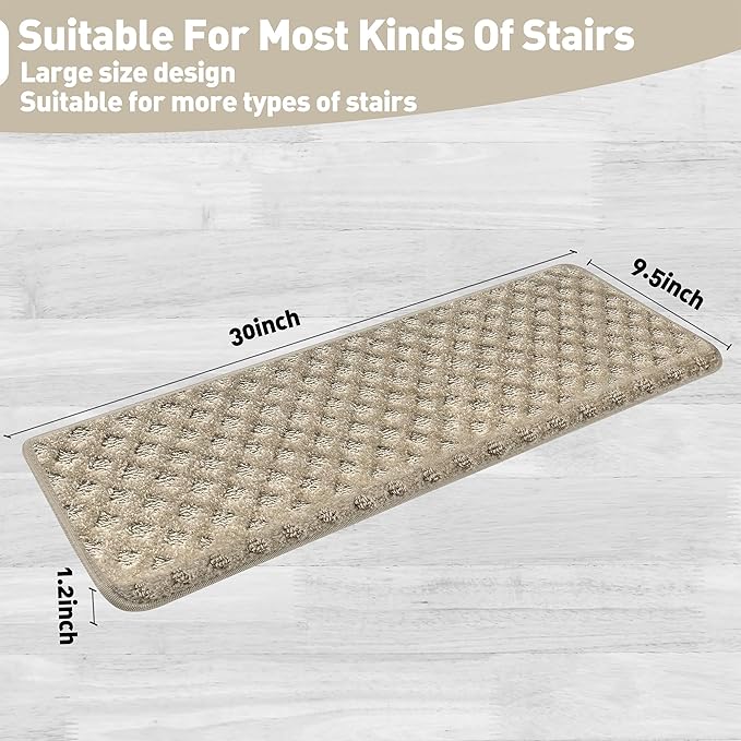 PURE ERA Bullnose Carpet Stair Treads Tape Free Non-Slip Indoor Stair Protectors Pet Friendly Stair Treads for Wooden Steps 9.5" x 30"(7 Pieces,Cream Gray Mini-Diamond Trellis)