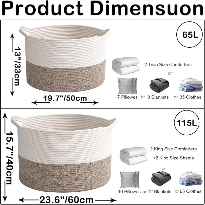 Large Storage Basket with Handle,19.7" L x 19.7" W x 13" H Blanket Basket Storage Bins for Organizing,65L Cotton Rope Woven Baskets for Living Room, Nursery ,Bedroom,White&Brown