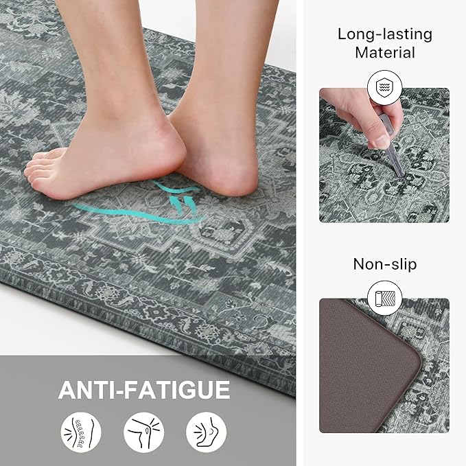 GENIMO Kitchen Mats for Floor 2PCs, Washable Anti Fatigue Mat for Cushioned, 17.3"x59"+17.3"x30", Waterproof Kitchen Rugs, Non Slip Comfort Standing Mat Rug for Home, Sink, Laundry, Dark Gray