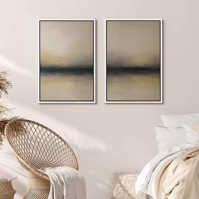 MUDECOR Framed Canvas Print Wall Art Abstract Sunset Horizon Modern Minimalist Beige and Black Illustrations Modern Art Decorative Bohemian Colorful for Living Room, Bedroom, Office - 24"x36"x2 White