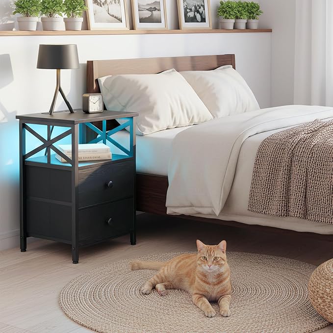 AMHANCIBLE Night Stand Set 2, LED Nightstand with Charging Station, End Tables Living Room with Fabric Drawers, Bed Side Table for Bedroom, Black, HET052LBK