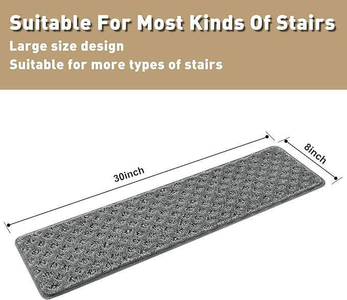 PURE ERA Carpet Stair Treads Tape Free Non Slip Indoor Stair Carpet Stair Protectors Pet-Friendly Non-Slip Skid Resistant Washable Reusable 8" x 30"(14 Pieces,Gray Mini-Diamond Trellis)
