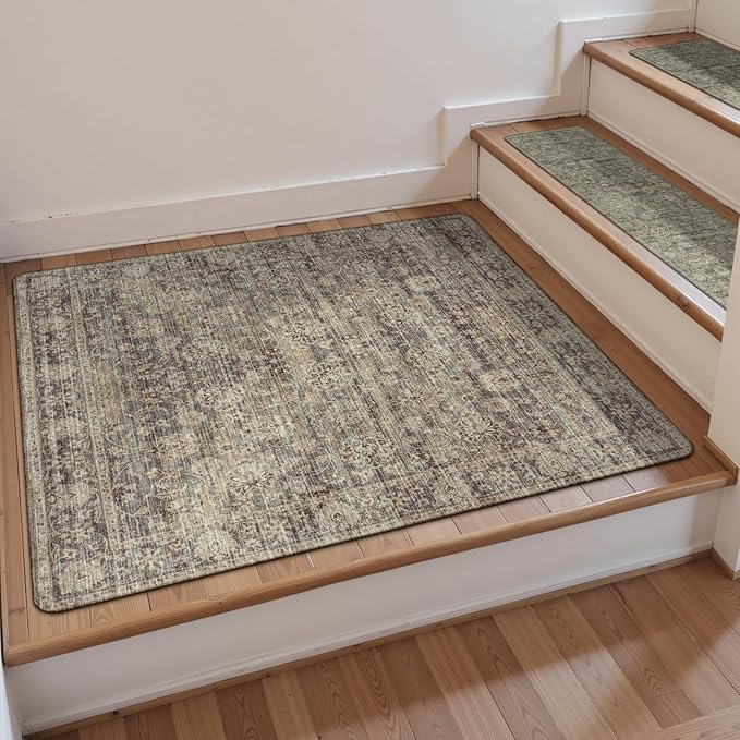 OJIA Stair Treads Non-Slip Matching Mat for Wooden Steps, Square Capet Stair Treads Rubber Backing Stair Runner Anti-Slip Stair Landing Mat 31x31 Inch Stair Rugs