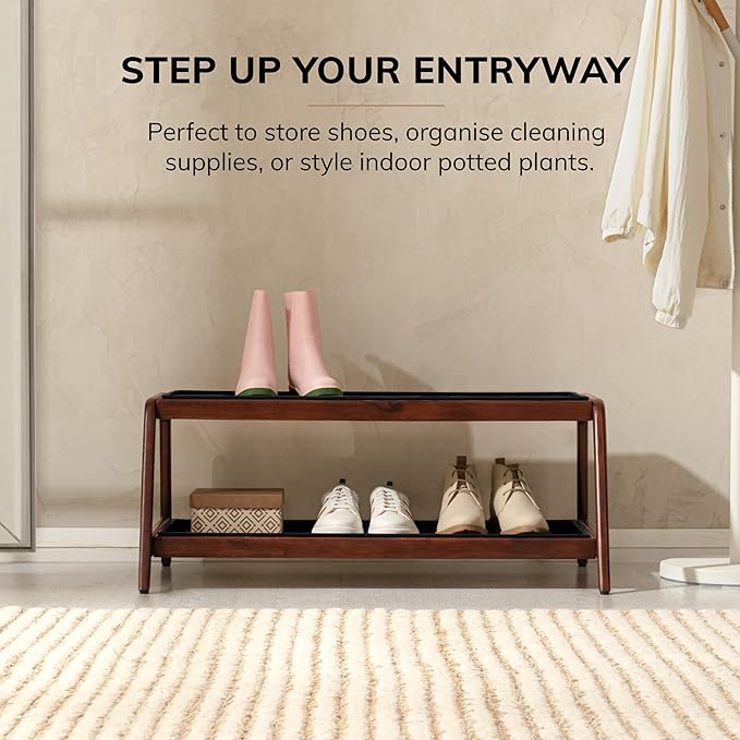 Anji Mountain Heavy Duty Waterproof Wooden Shoe Storage Mat Organizer/Boot Storage Tray Multi Use for Entryway with Coir, Tan and Black Tribal Insert, 2 Tier, Fits 6 Pair (36.5" Wide)