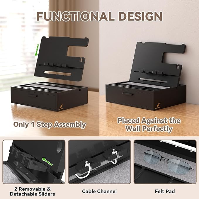 Pezin & Hulin Wooden Charging Station, Bedside Nightstand Tray, with Spacious Drawer, Felt Pads for Phones, Watch, Idea Gifts for Him Birthday, Son, Christmas for Papa Fathers Day