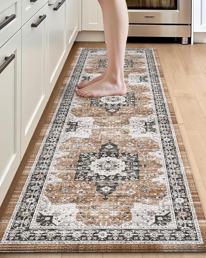 DEXI Kitchen Floor Mats Cushioned Anti Fatigue, 23x86 Long Wide Standing Comfort Runner Rug, Waterproof Retro Floral Memory Foam Padded for Front Sink Laundry, Brown/White