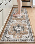 DEXI Kitchen Floor Mats Cushioned Anti Fatigue, 23x86 Long Wide Standing Comfort Runner Rug, Waterproof Retro Floral Memory Foam Padded for Front Sink Laundry, Brown/White