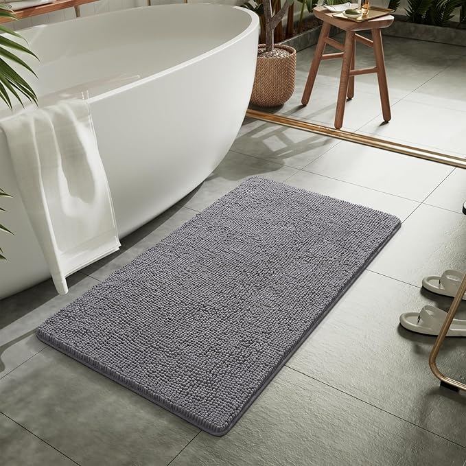 LOCHAS Luxury Bathroom Rug Shaggy Bath Mat 24 x 40 Inch, Washable Non Slip Bath Rugs for Bathroom Shower, Soft Plush Chenille Absorbent Carpets Mats, Gray