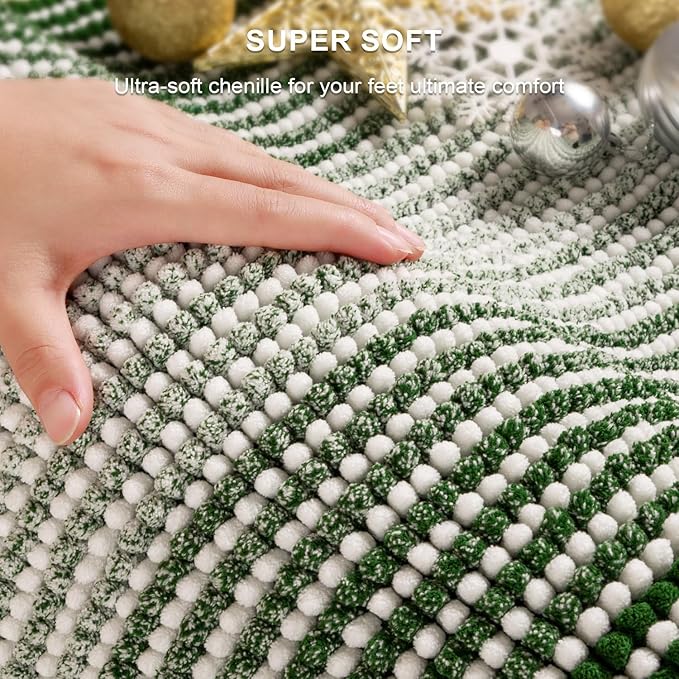 BSICPRO Bathroom Rugs Sets 3 Piece, Toilet Rugs U-Shaped Contour Bath Mat Set, Large Striped Non Slip Absorbent Chenille Shower Mat, Hunter Green