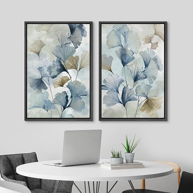MUDECOR Framed Canvas Print Wall Art Blue Ginkgo Flower Illustrations Modern Art Decorative Bohemian Colorful Chic for Living Room, Bedroom, Office - 24"x36"x2 Black