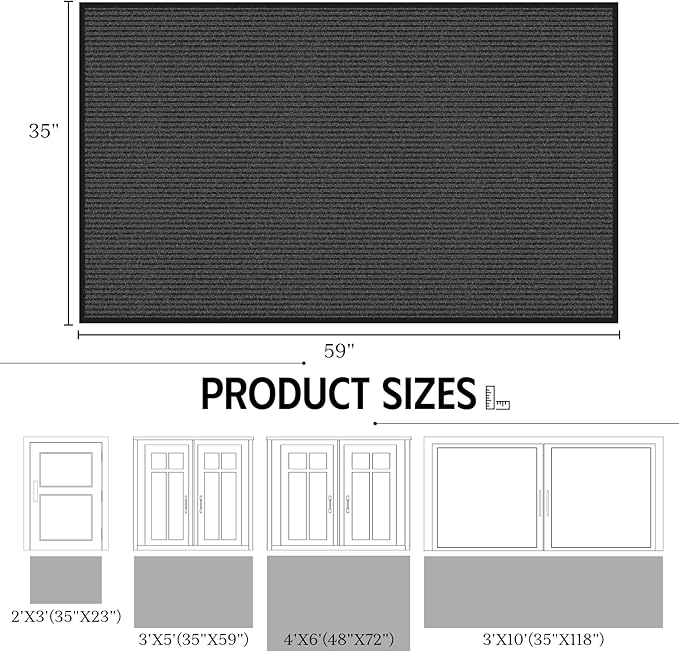 Front Door Mat, 3' x 5' Heavy Duty Door Mat Outside Entrance, Non-Slip Welcome Mat, Absorbent & Dirt Resistant, Low Profile Large Door Mats, Commercial Rugs for Entryway Indoor Outdoor, Grey