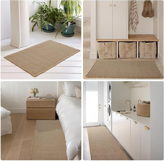 Waffle Bath Mat, Boho Bathroom Rugs Non Slip Washable Super Absorbent Quick Dry Farmhouse Bathroom Decor, 36"x24" / 3' x 2' Khaki