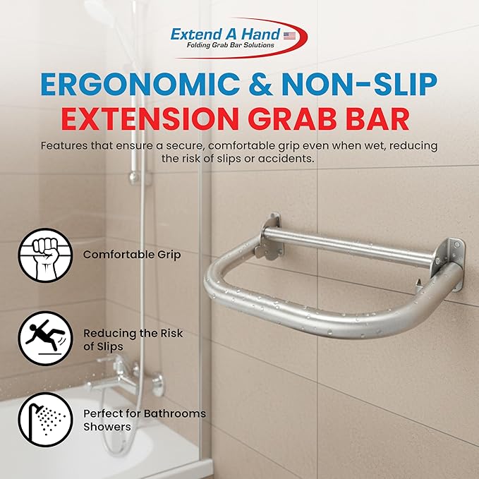 Extend-A-Hand Grab Bar Extension 16"x12"| Heavy-Duty Bathroom Safety Handrail, Non-Slip Stainless Steel Support Grab Bar for Elderly, Disabled & Injury Recovery.