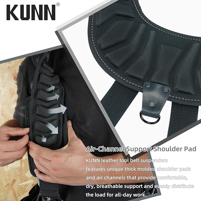 KUNN Leather Tool Belt Suspenders Construction Bag Suspenders Molded Air Channel Work Belt Suspender for Carpenter Electrician,Black